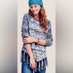 Anthropologie Blue/Gray Geometric Knit Fringe Sweater Boho Cozy sz Med Like New